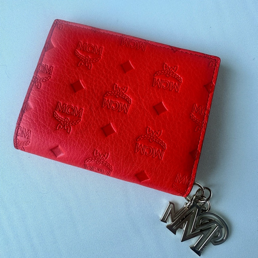 MCM Klara Logo Monogram Leather Mini Wallet with Logo Charm